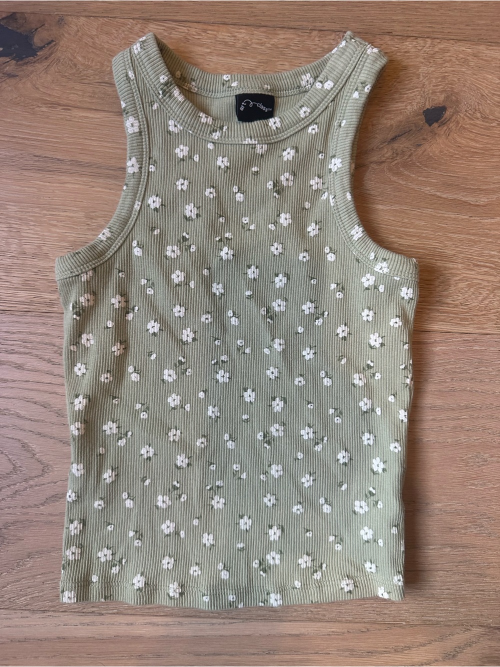 art class Ribbed Tank with Subtle Floral Dots Sage Green S